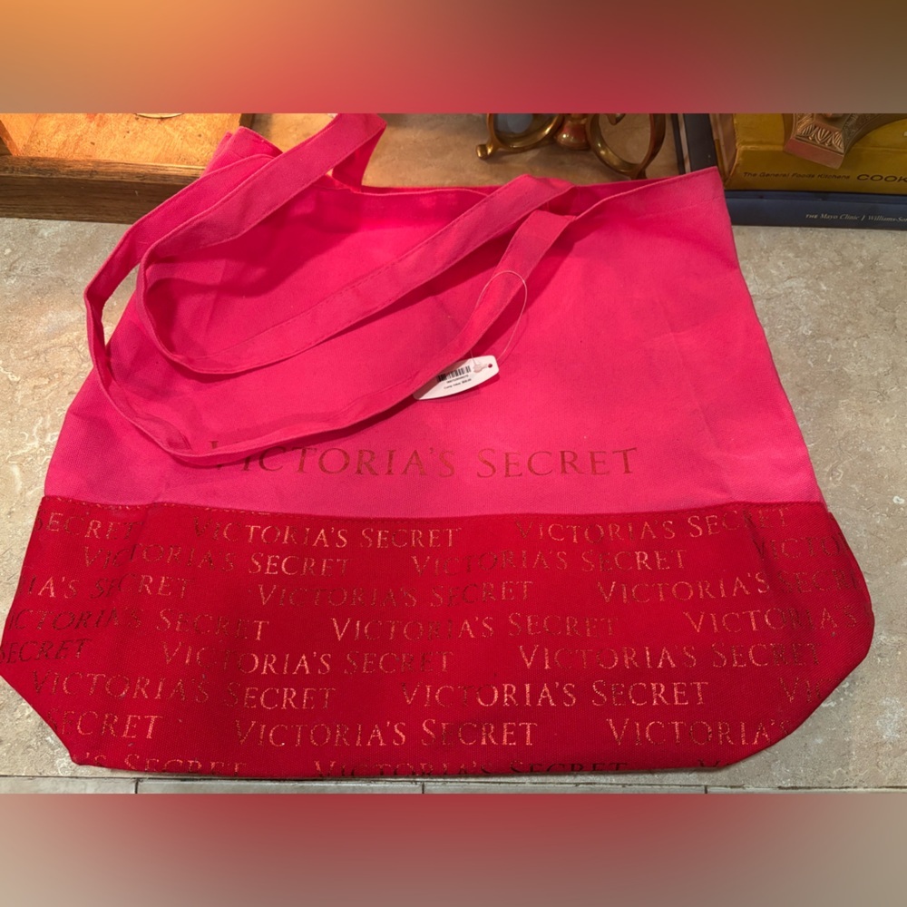 Victoria’s Secret pink and red metallic canvas tote bag NWT
